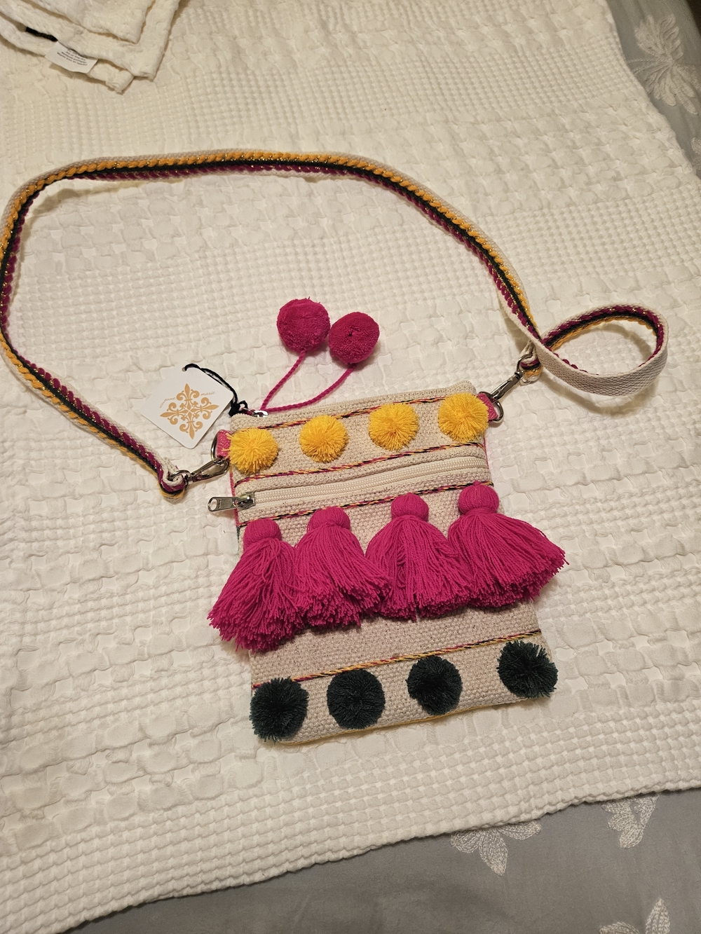 Jane Marie Boho Tassel Crossbody Bag - Pink & Yellow Accent